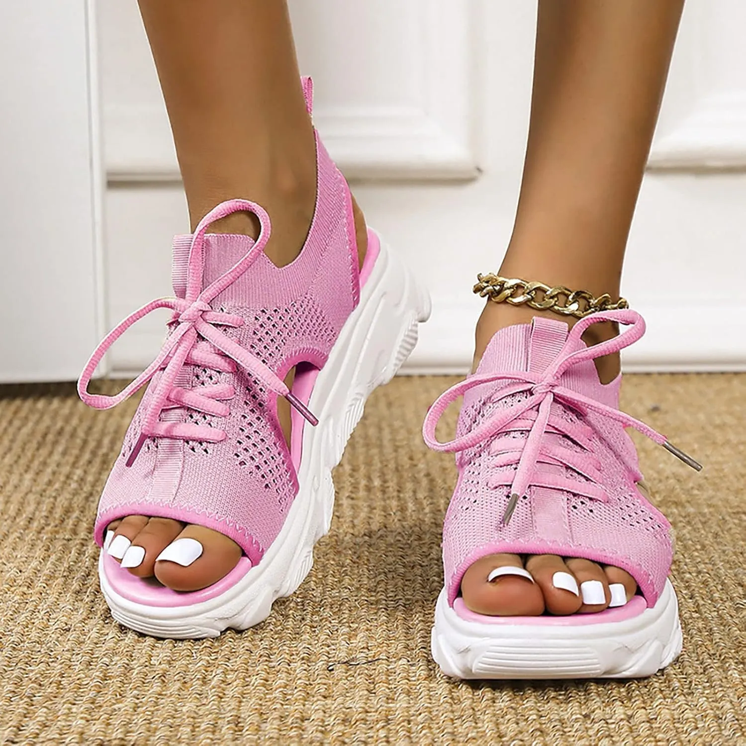 Paneled Cutout Lace-Up Muffin Sandals for Women Summer Peep Toe Platform Sandals Mesh Wedges Causal Comfy Sports Sandals