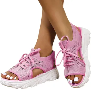 Paneled Cutout Lace-Up Muffin Sandals for Women Summer Peep Toe Platform Sandals Mesh Wedges Causal Comfy Sports Sandals