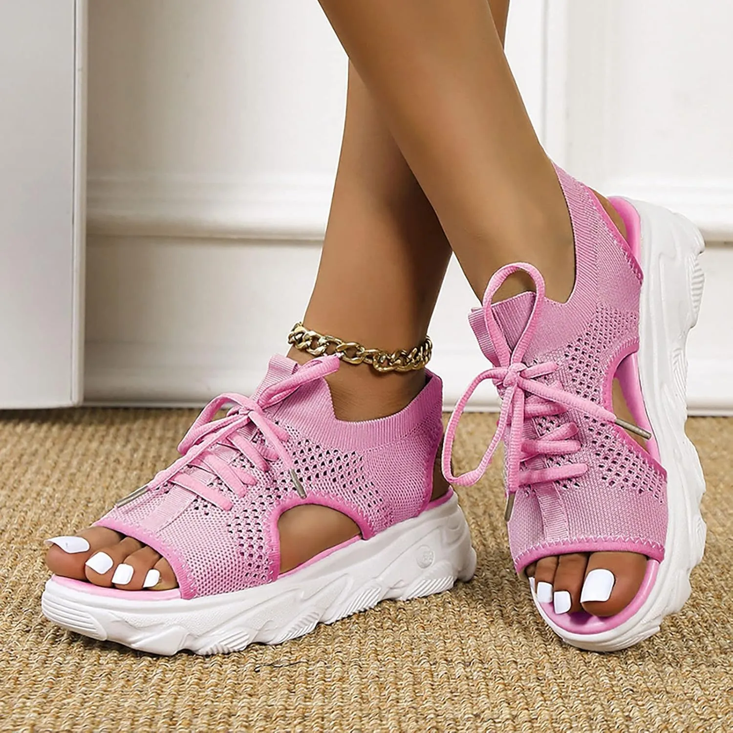 Paneled Cutout Lace-Up Muffin Sandals for Women Summer Peep Toe Platform Sandals Mesh Wedges Causal Comfy Sports Sandals