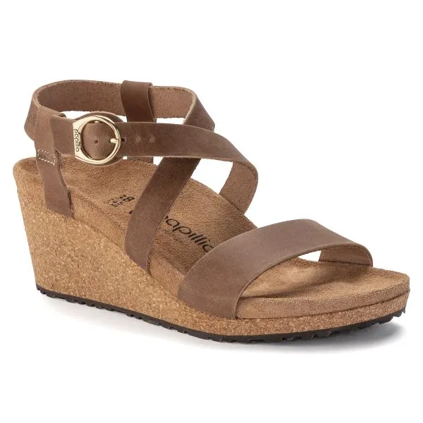 Papillo Cognac Sibyl Ring-Buckle Oiled Leather Women's Wedge Shoes N1023523