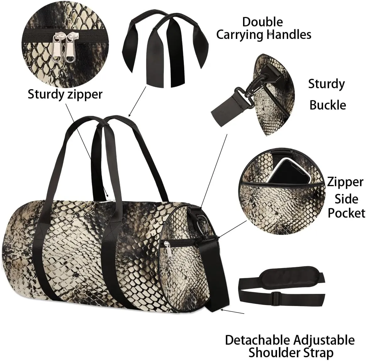 Pattern Snake Skin Travel Duffle Bag Gym Bag for Women Men Lightweight Carry on Duffel Bag for Sports Gyms Weekend Getaway