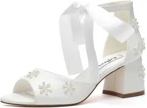 Pearl Wedding Shoes for Bride Open Toe Bridal Shoes Block Heel Wedding Sandals Ankle Strap Wedding Heels