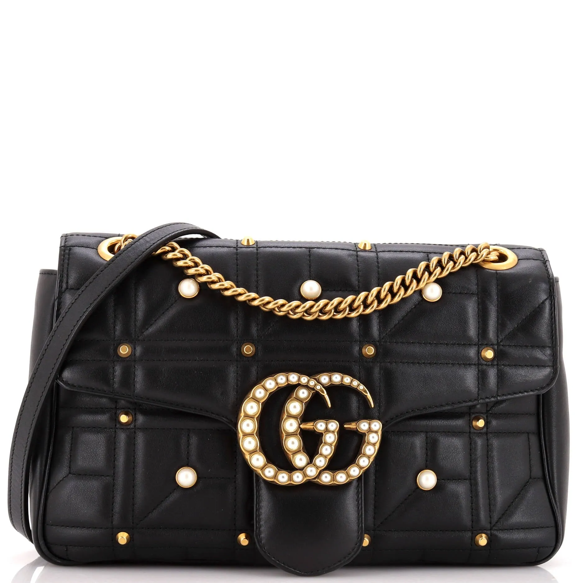 Pearly GG Marmont Flap Bag Embellished Matelasse Leather Medium
