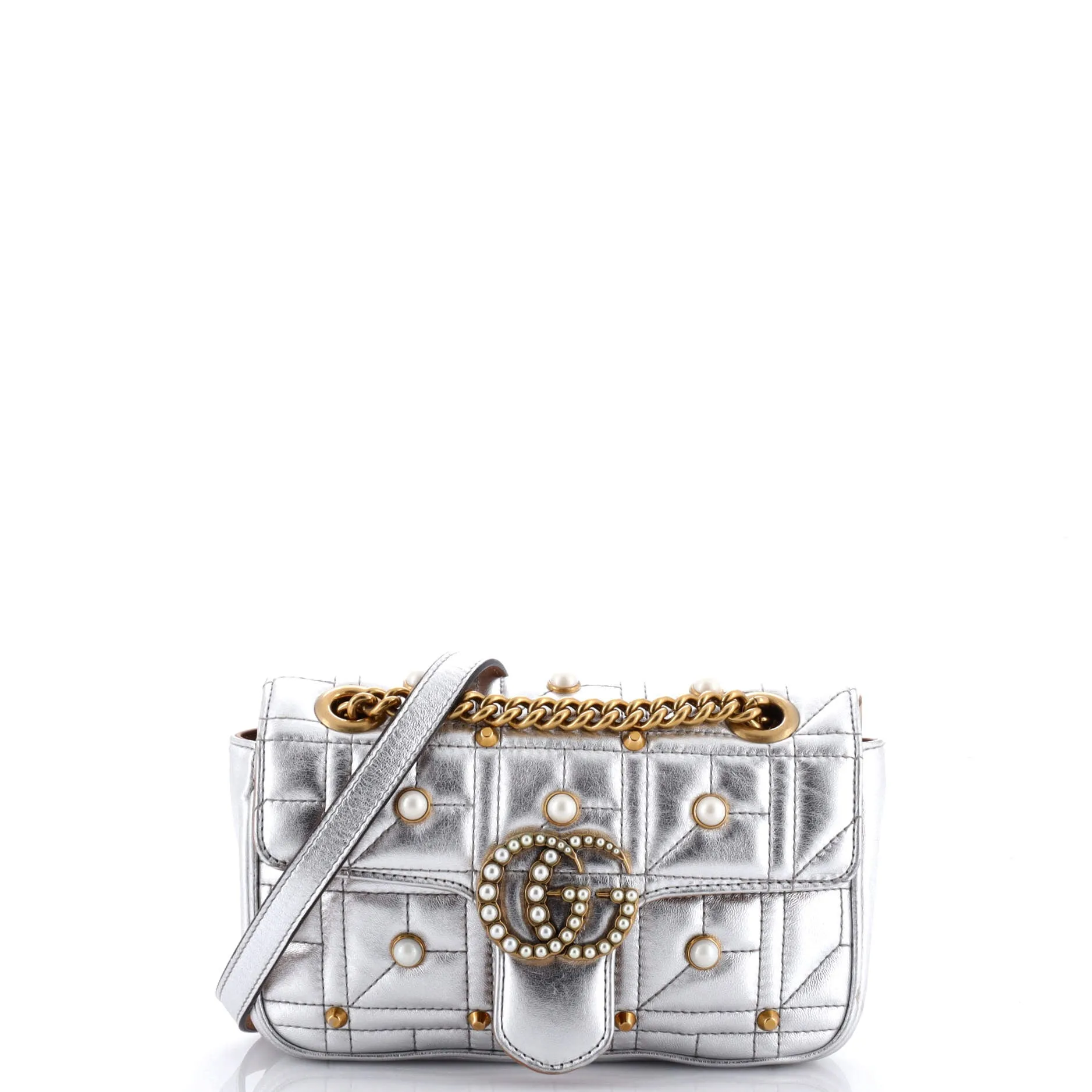 Pearly GG Marmont Flap Bag Embellished Matelasse Leather Mini