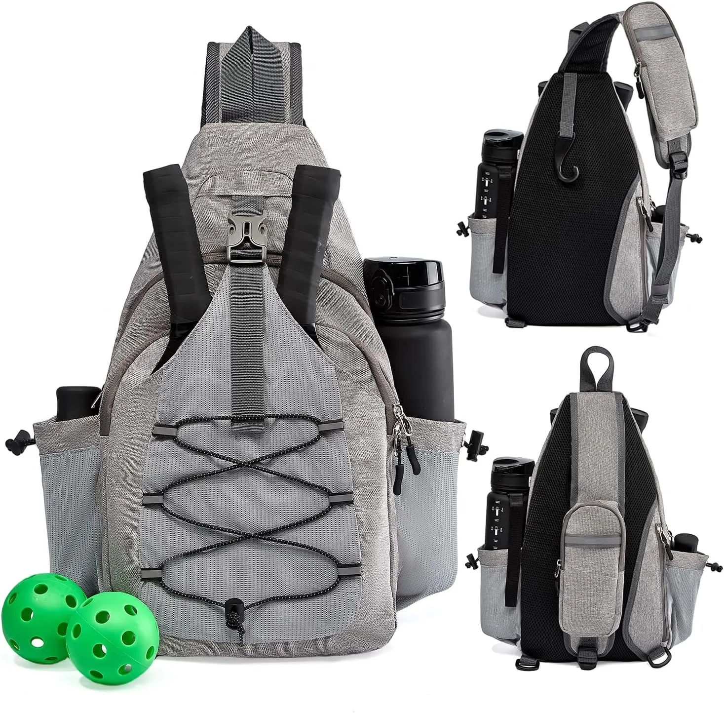 PickleballBag Men's Women's Pickleball BackpackTennisRacketballSlingBagPaddle BagLarge CapacitySafety Pocket withWaterBottleHolder (gray)