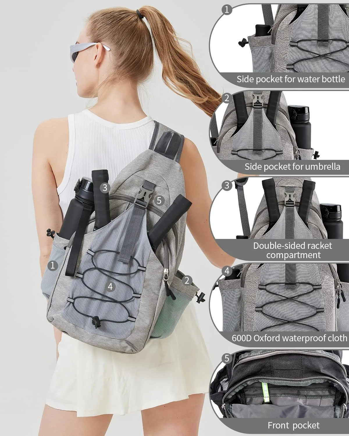 PickleballBag Men's Women's Pickleball BackpackTennisRacketballSlingBagPaddle BagLarge CapacitySafety Pocket withWaterBottleHolder (gray)