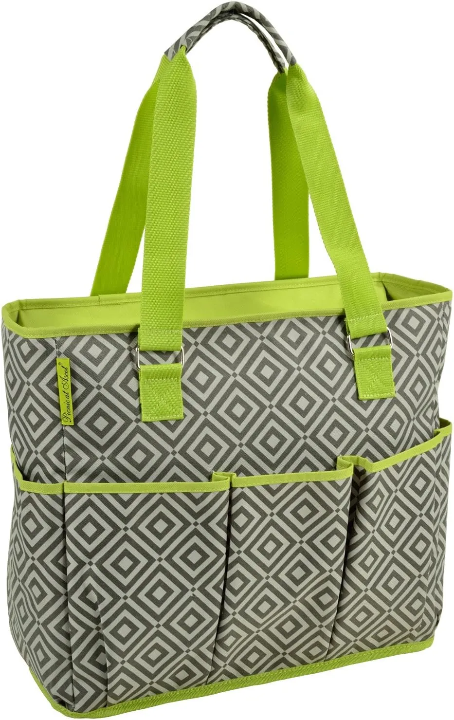Picnic at Ascot Large Insulated Multi Pocketed Travel Bag With 6 Exterior Pockets, Granite Grey/Green
