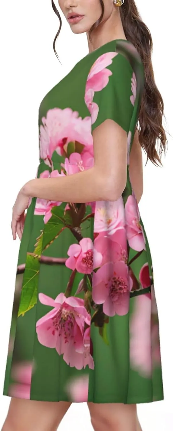 Pink Cherry Blossoms Women's Summer Casual T Shirt Dress Summer Short Sleeve Swing Dresses S-3xl Graduation Gift