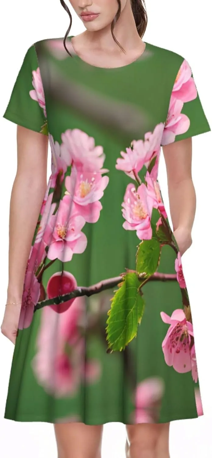 Pink Cherry Blossoms Women's Summer Casual T Shirt Dress Summer Short Sleeve Swing Dresses S-3xl Graduation Gift