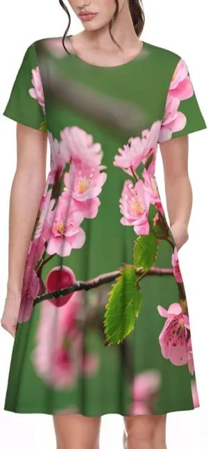 Pink Cherry Blossoms Women's Summer Casual T Shirt Dress Summer Short Sleeve Swing Dresses S-3xl Graduation Gift