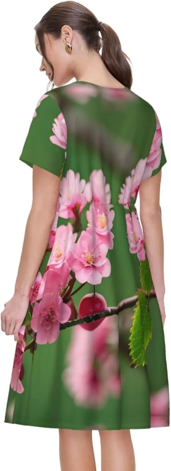 Pink Cherry Blossoms Women's Summer Casual T Shirt Dress Summer Short Sleeve Swing Dresses S-3xl Graduation Gift