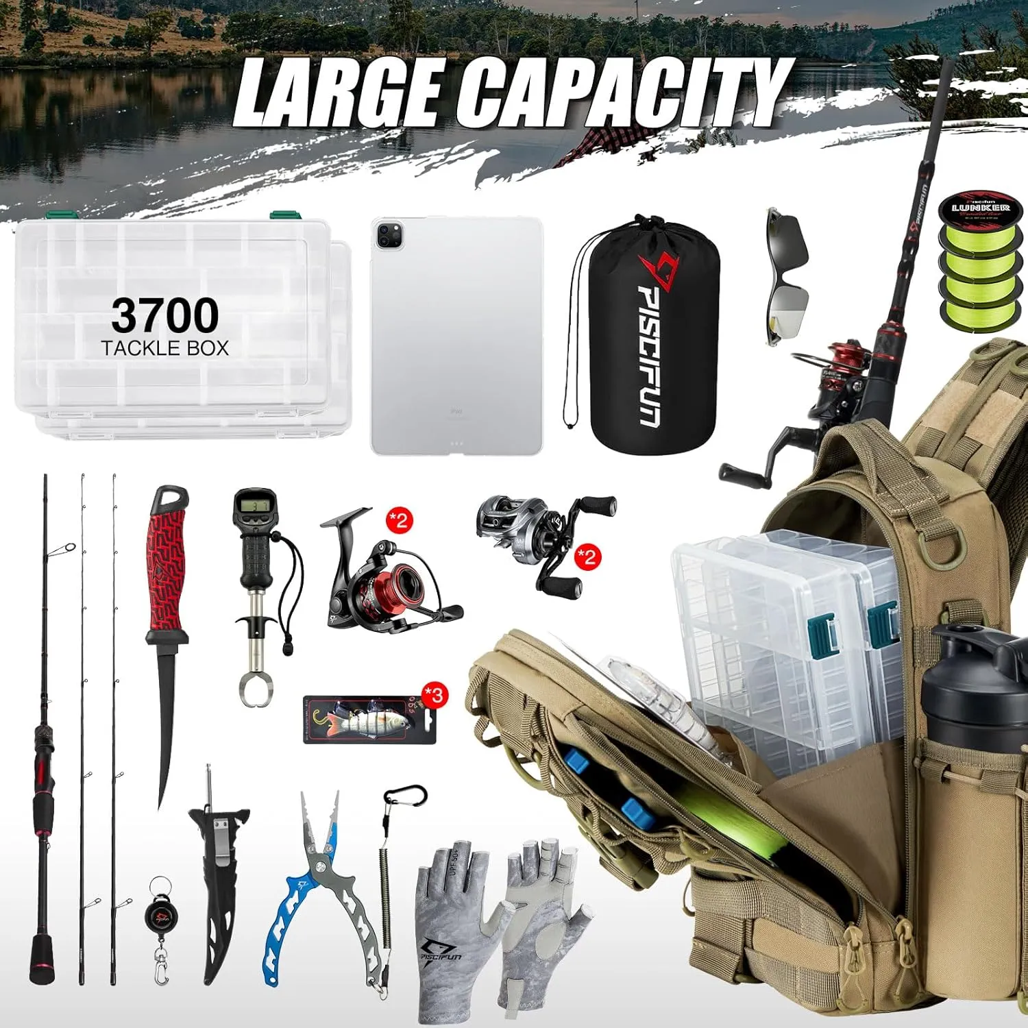 Piscifun Fishing Tackle Backpack with Rod & Gear Holder, Lightweight Outdoor Water-Resistant Fishing Shoulder Storage Bag