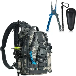 Piscifun Fishing Tackle Backpack with Rod & Gear Holder with Fishing Pliers, Saltwater Fishing Pliers with Split Ring