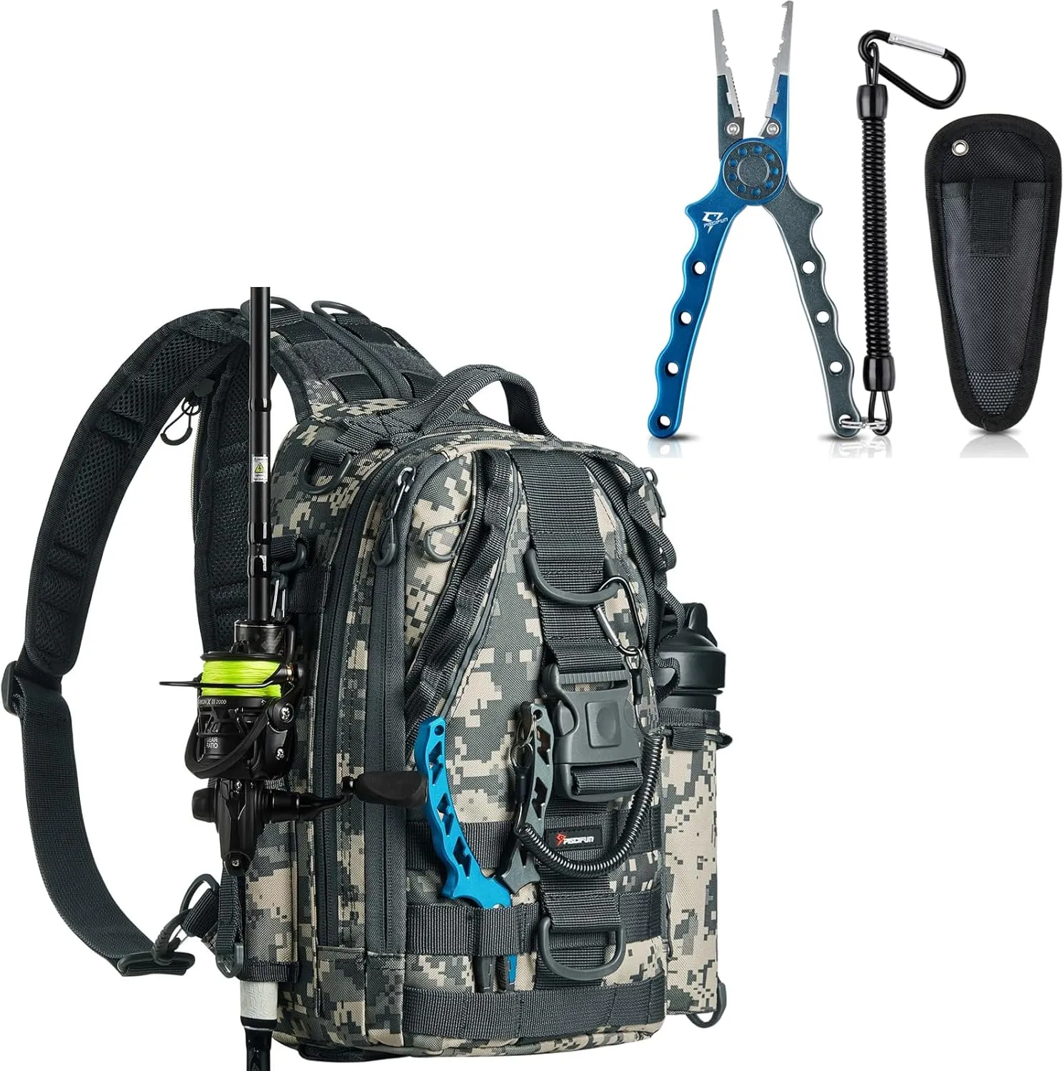 Piscifun Fishing Tackle Backpack with Rod & Gear Holder with Fishing Pliers, Saltwater Fishing Pliers with Split Ring