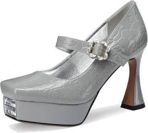 Platform Heels for Women Patent Leather Square Toe Closed Toe Chunky Block Pumps Comfortable Sexy Dressy Wedding Elegantes Wide Comfortable Tacones 4 Inch High Heels