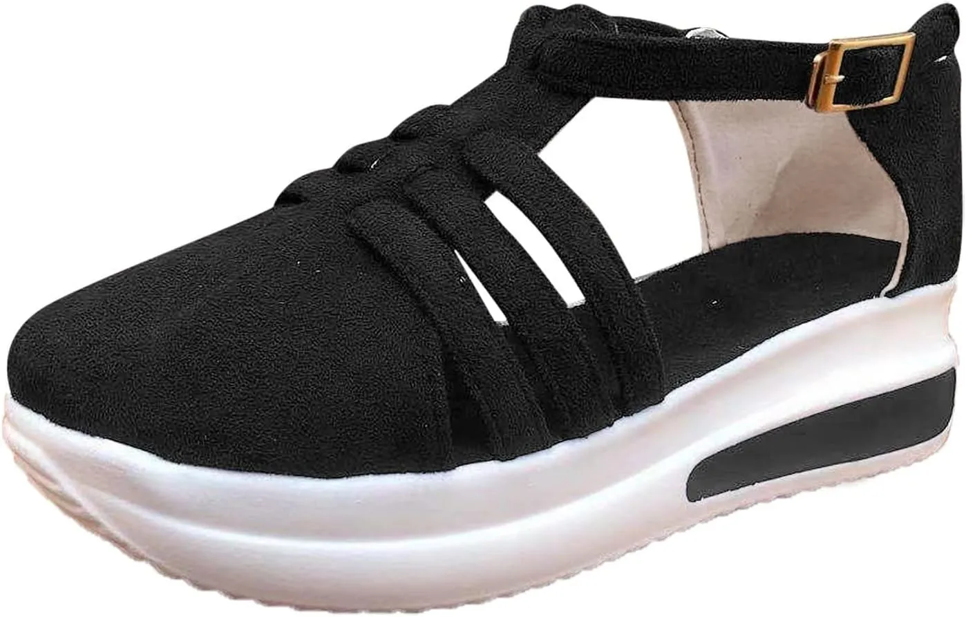 Platform Sandals Women Comfortable Wide Width Closed Toe Beach Slides Ankle Strap Wedges Flat Buckle up Walking Slip On Shoes Dressy Summer Dressy Sneakers 2025 Spring