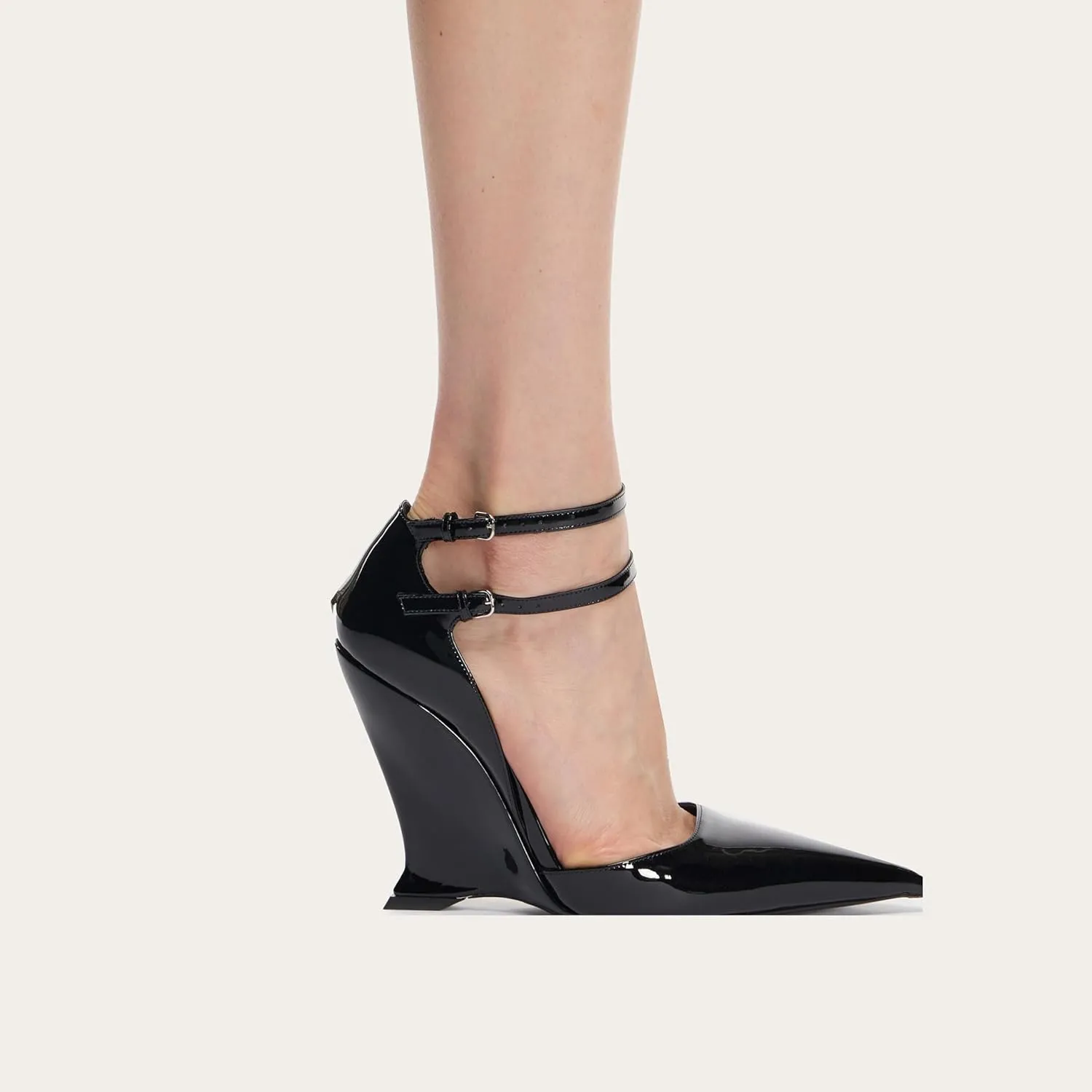 Pointed Closed Toe Wedge Heels for Women, Sexy Patent Leather Buckle Strap Office Dress Pumps Shoes