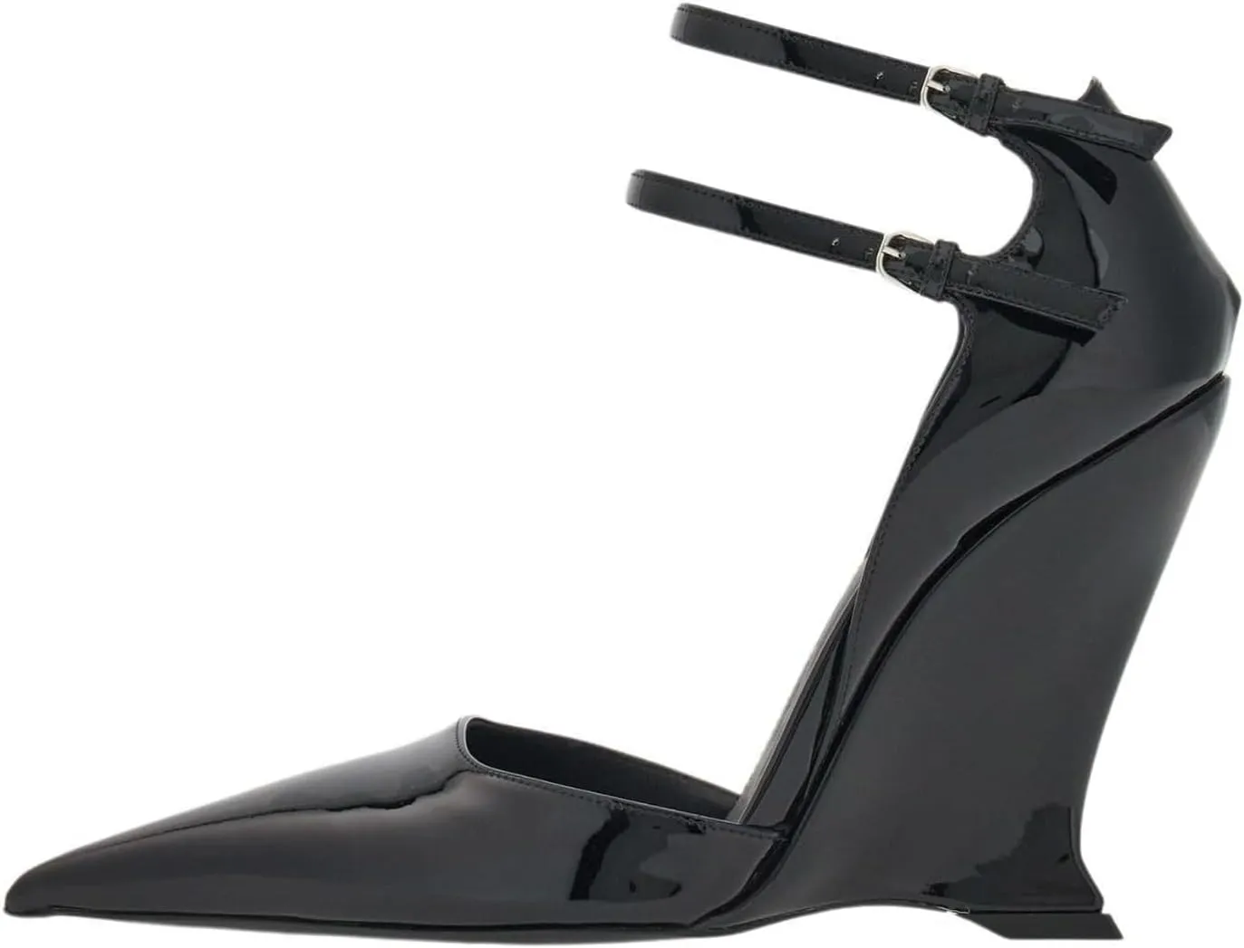Pointed Closed Toe Wedge Heels for Women, Sexy Patent Leather Buckle Strap Office Dress Pumps Shoes