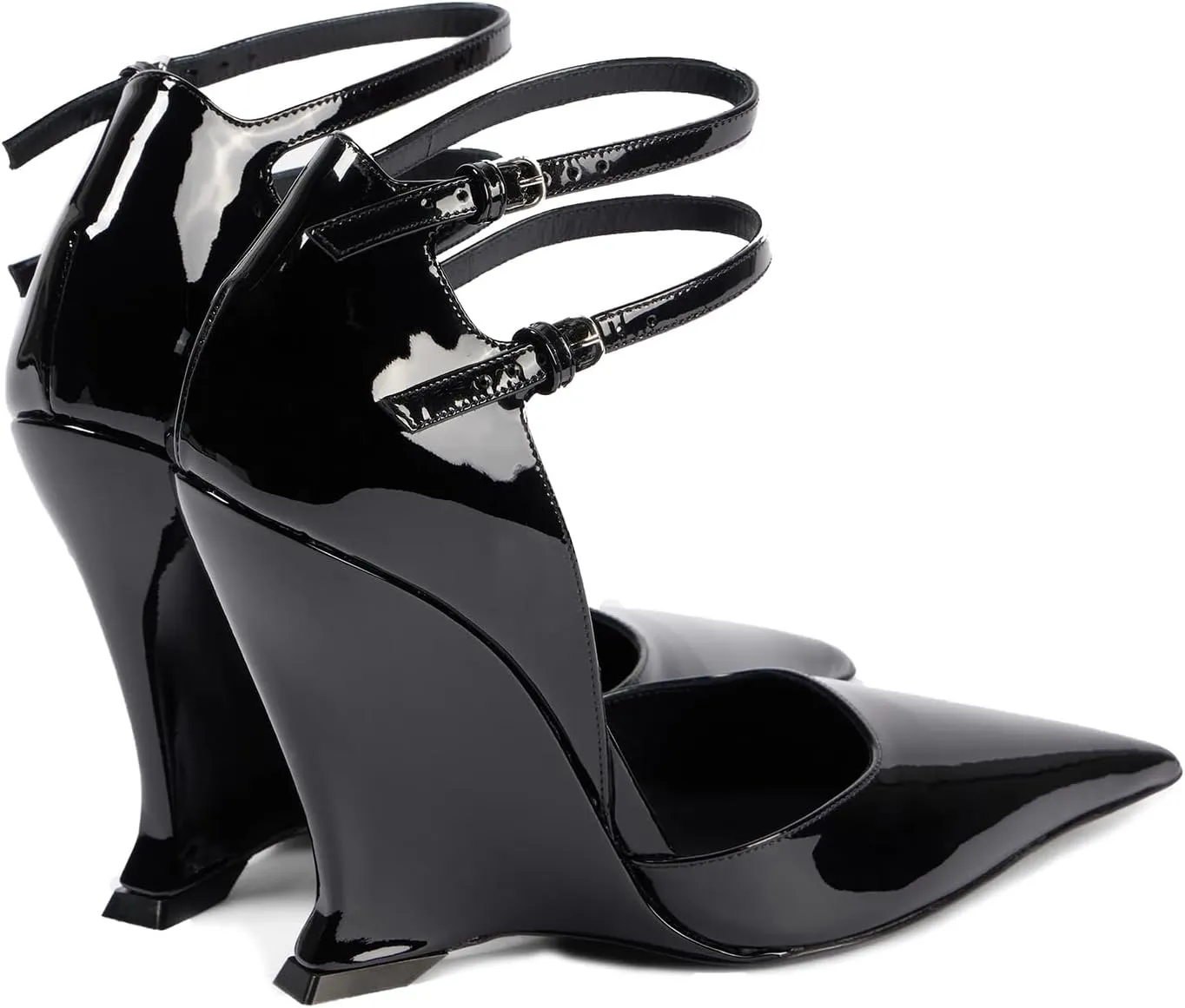 Pointed Closed Toe Wedge Heels for Women, Sexy Patent Leather Buckle Strap Office Dress Pumps Shoes