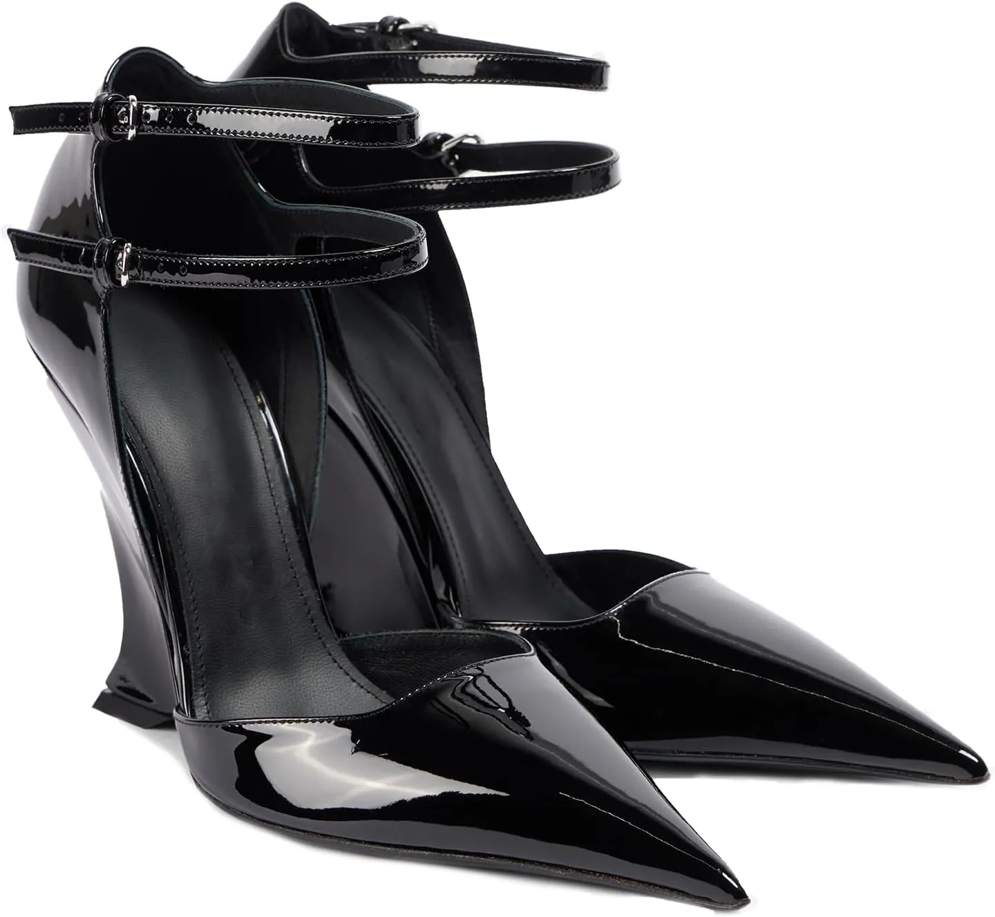 Pointed Closed Toe Wedge Heels for Women, Sexy Patent Leather Buckle Strap Office Dress Pumps Shoes
