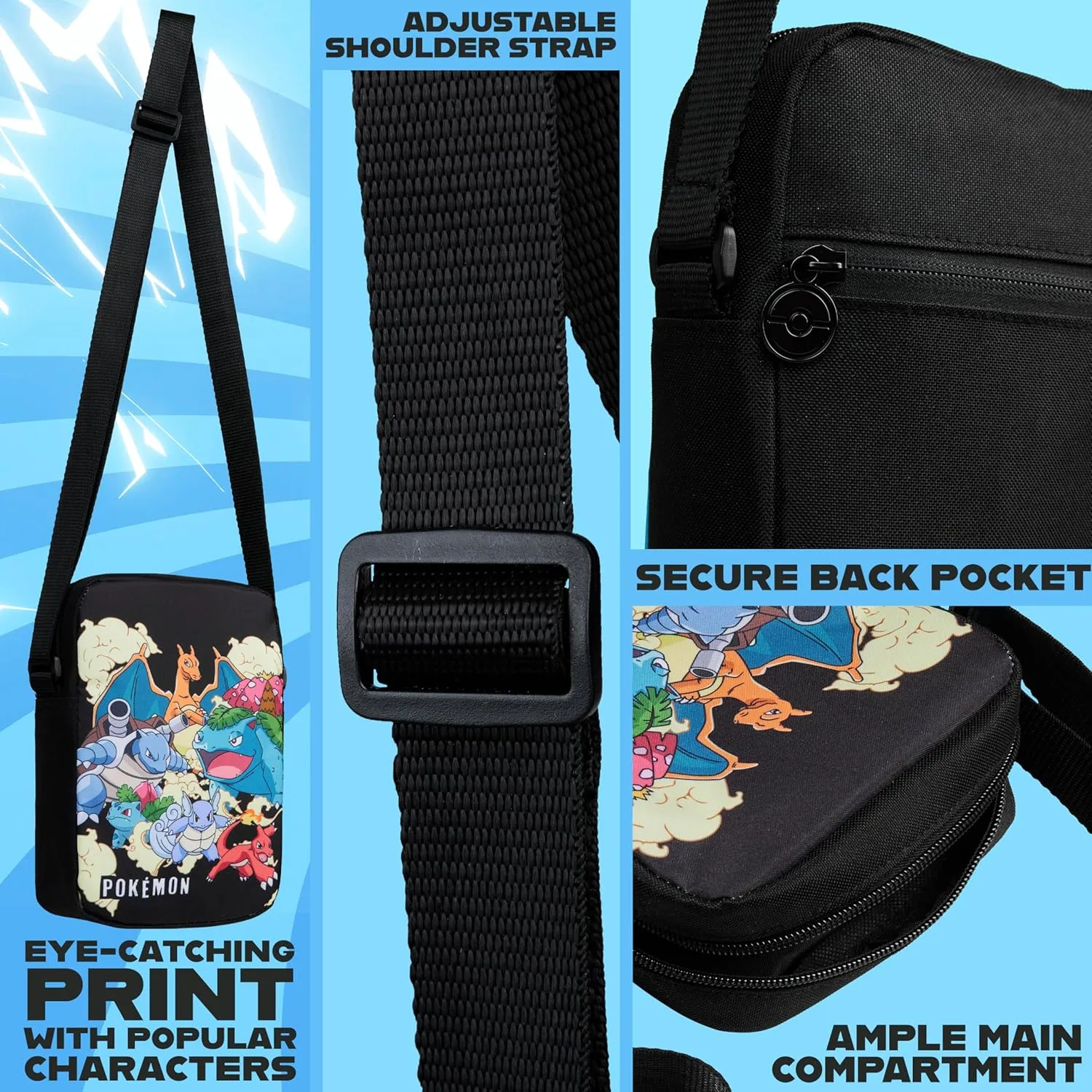 Pokemon Shoulder Bag for Kids Teens Crossbody Bag Pikachu Small Bag Anime Gifts (Black, 7.87x5.51x2.36inch)