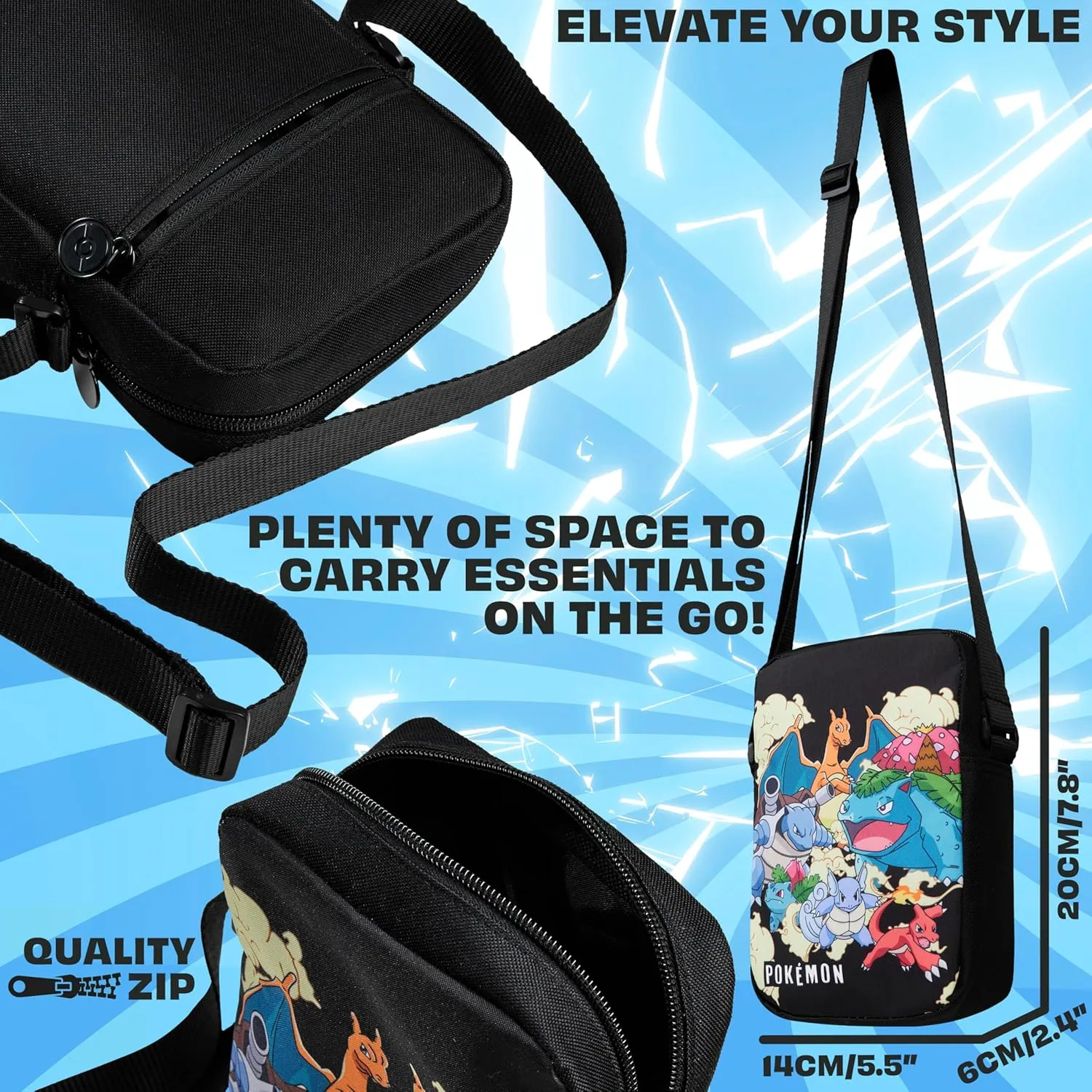 Pokemon Shoulder Bag for Kids Teens Crossbody Bag Pikachu Small Bag Anime Gifts (Black, 7.87x5.51x2.36inch)