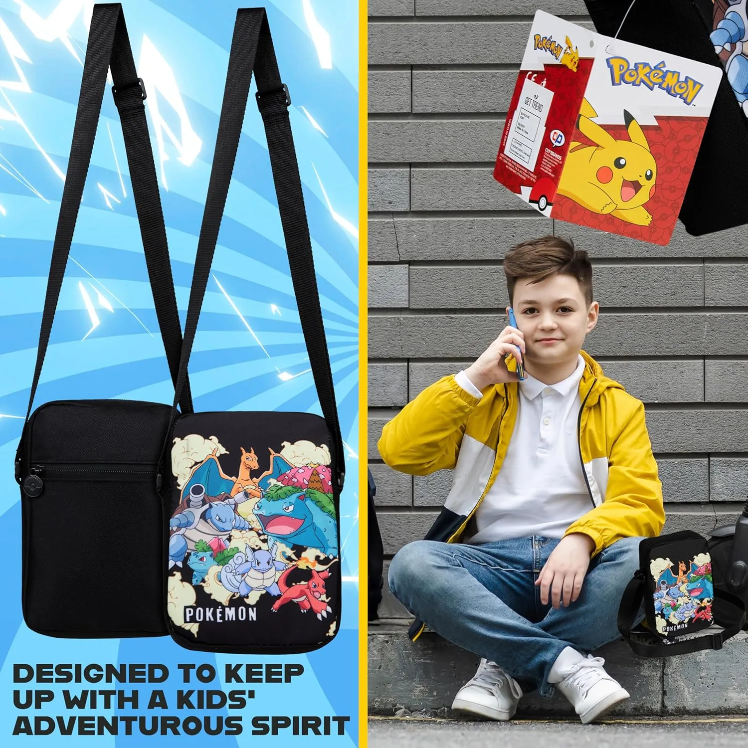 Pokemon Shoulder Bag for Kids Teens Crossbody Bag Pikachu Small Bag Anime Gifts (Black, 7.87x5.51x2.36inch)