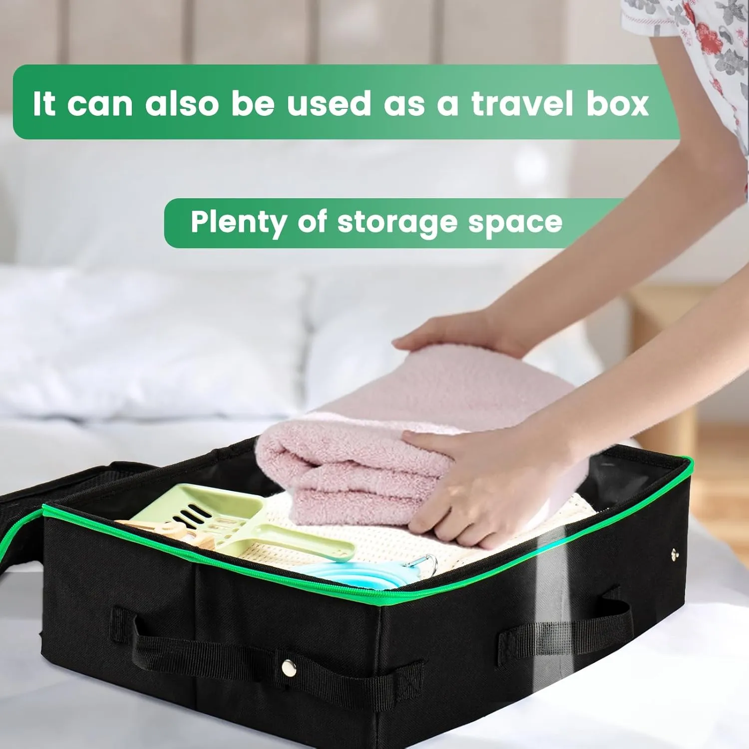 Portable Cat Travel Litter Box with Zipped Lid Easy to Carry and Clean, Nylon Waterproof Mesh Fabric to Leakproof and No Smell 16 x 13 x 3 inch