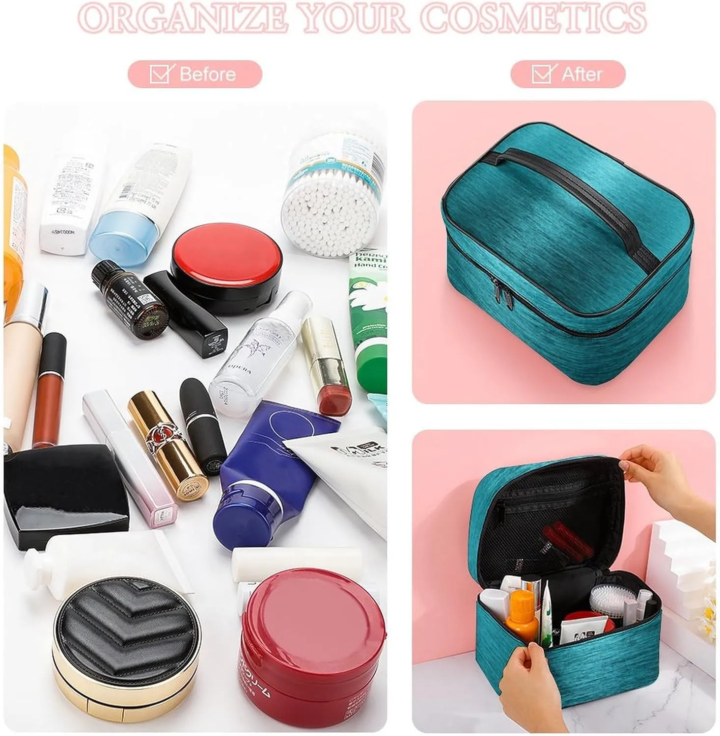 Portable Travel Makeup Bag, Dark Turquoise Brushed Metallic Elegant Cosmetic Case Zipper Toiletry Bag for Women Girls
