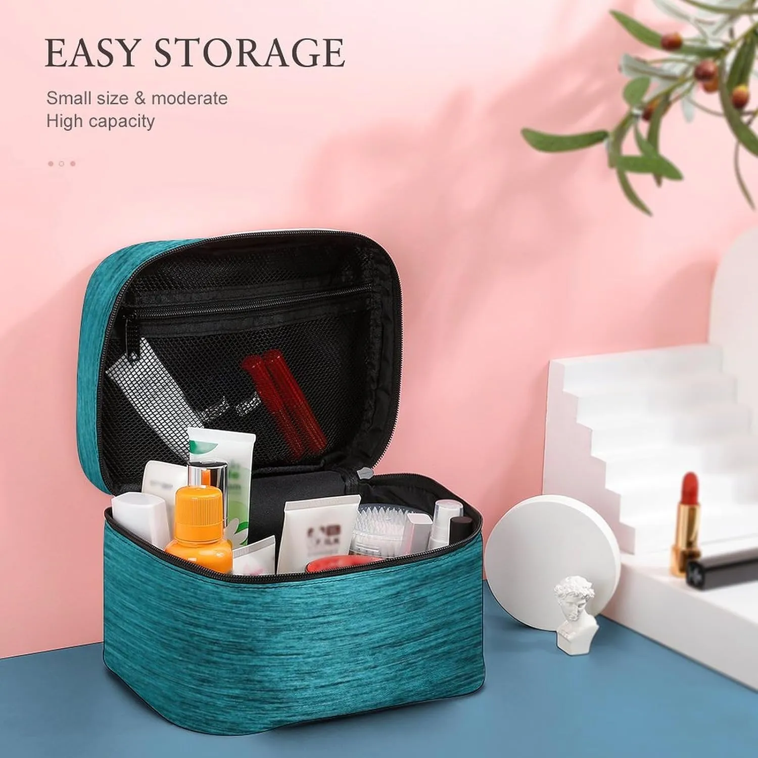 Portable Travel Makeup Bag, Dark Turquoise Brushed Metallic Elegant Cosmetic Case Zipper Toiletry Bag for Women Girls