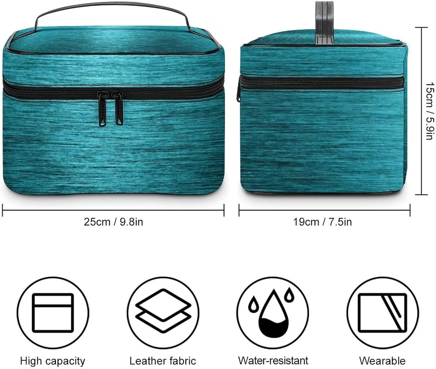 Portable Travel Makeup Bag, Dark Turquoise Brushed Metallic Elegant Cosmetic Case Zipper Toiletry Bag for Women Girls