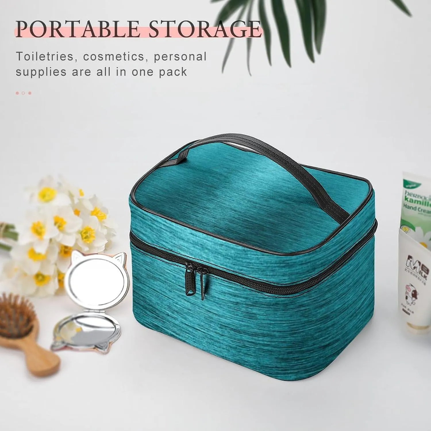 Portable Travel Makeup Bag, Dark Turquoise Brushed Metallic Elegant Cosmetic Case Zipper Toiletry Bag for Women Girls