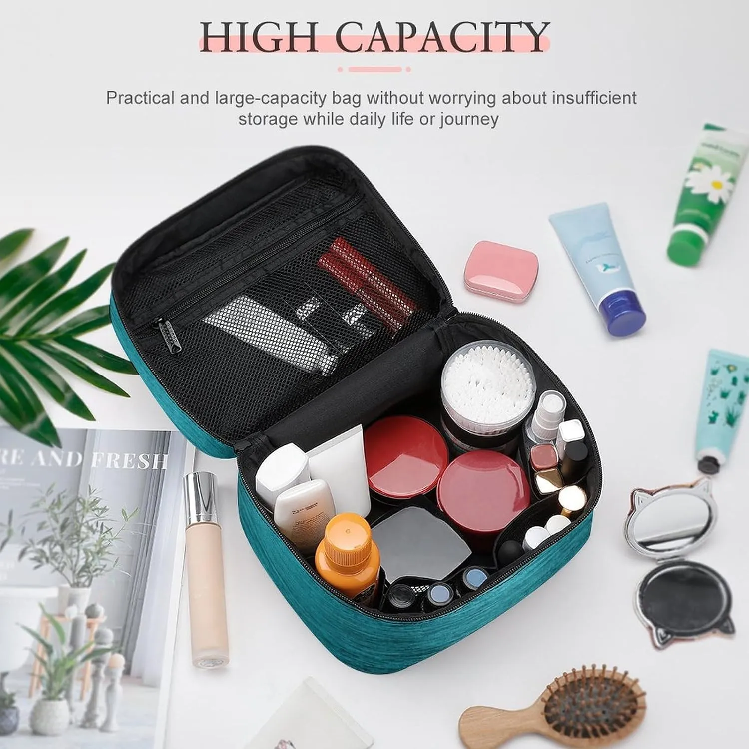 Portable Travel Makeup Bag, Dark Turquoise Brushed Metallic Elegant Cosmetic Case Zipper Toiletry Bag for Women Girls