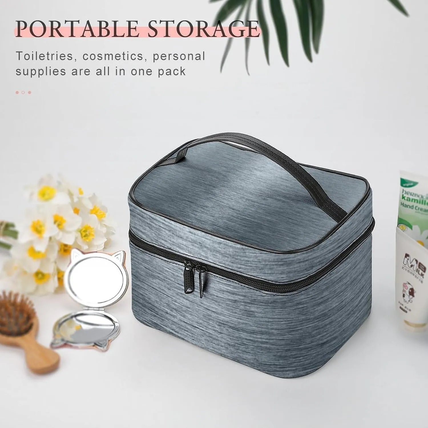 Portable Travel Makeup Bag, Gray Brushed Metallic Elegant Cosmetic Case Zipper Toiletry Bag for Women Girls