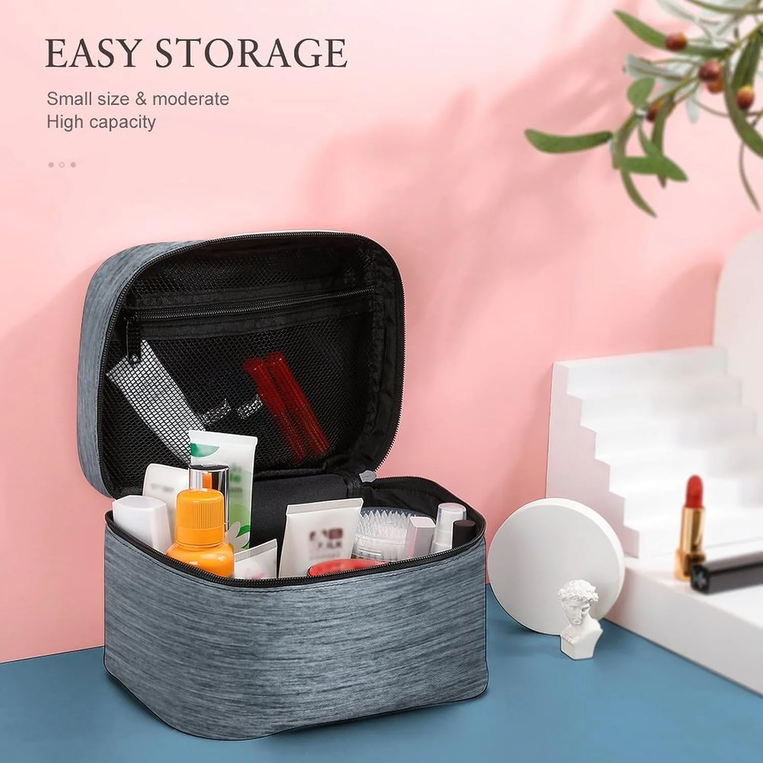 Portable Travel Makeup Bag, Gray Brushed Metallic Elegant Cosmetic Case Zipper Toiletry Bag for Women Girls