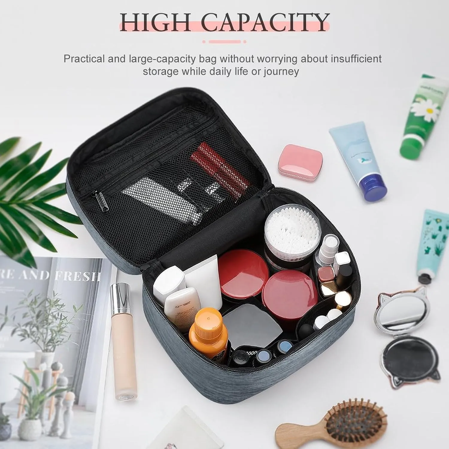 Portable Travel Makeup Bag, Gray Brushed Metallic Elegant Cosmetic Case Zipper Toiletry Bag for Women Girls