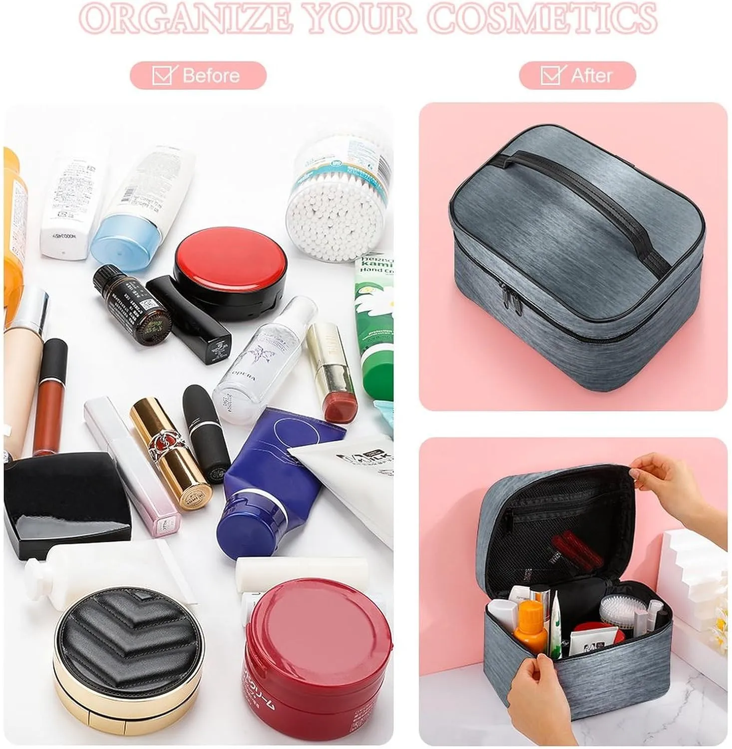 Portable Travel Makeup Bag, Gray Brushed Metallic Elegant Cosmetic Case Zipper Toiletry Bag for Women Girls