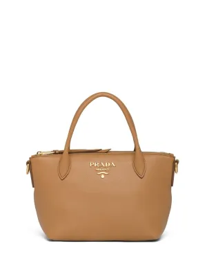 Prada - small logo plaque tote bag - women - Calf Leather/Leather/Nylon/Fabric - One Size - Brown