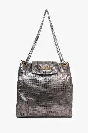 Pre-Loved Chanel™ Grey Metallic Perforated Leather 'Drill' Large Hobo Bag