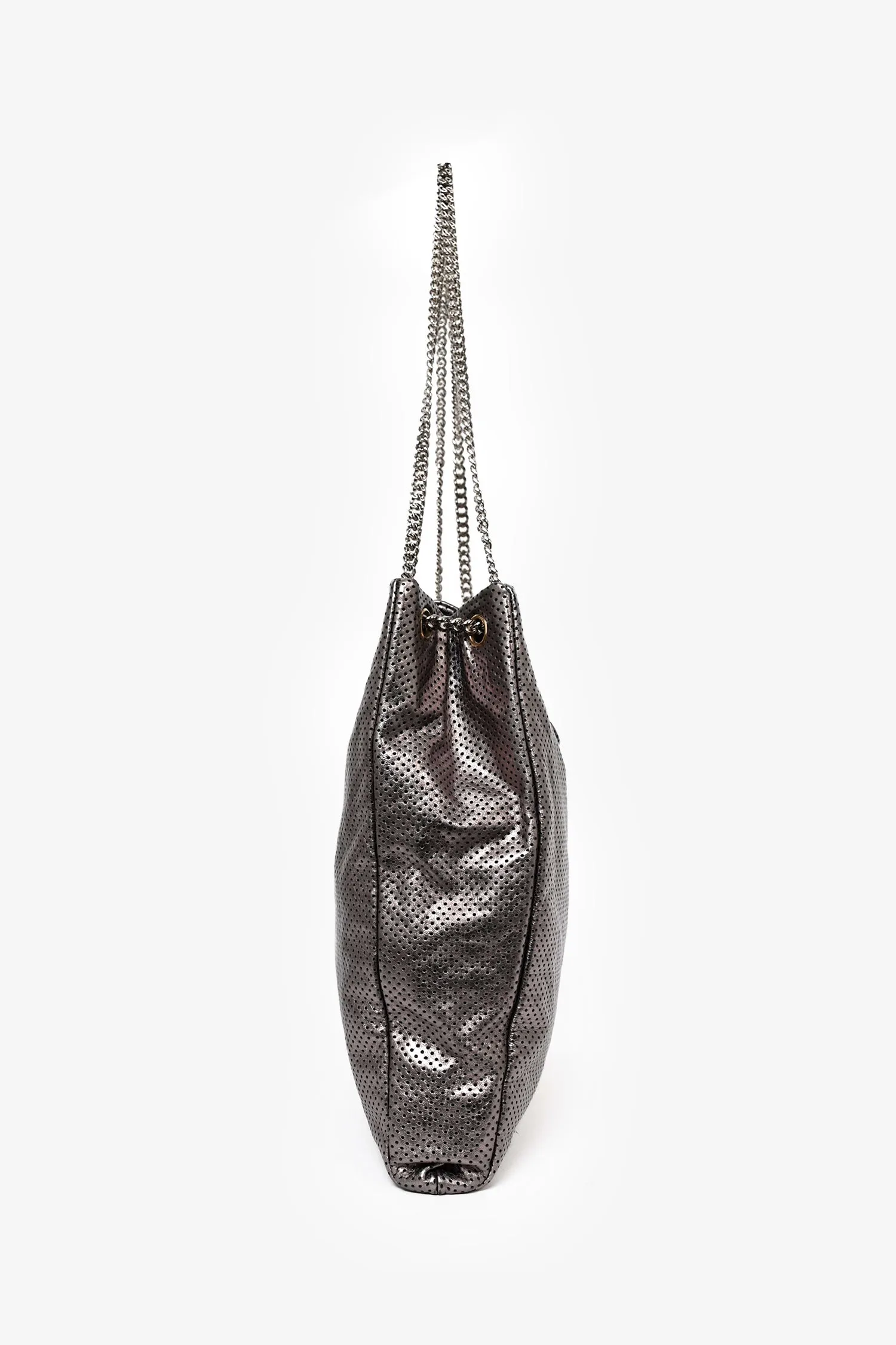 Pre-Loved Chanel™ Grey Metallic Perforated Leather 'Drill' Large Hobo Bag