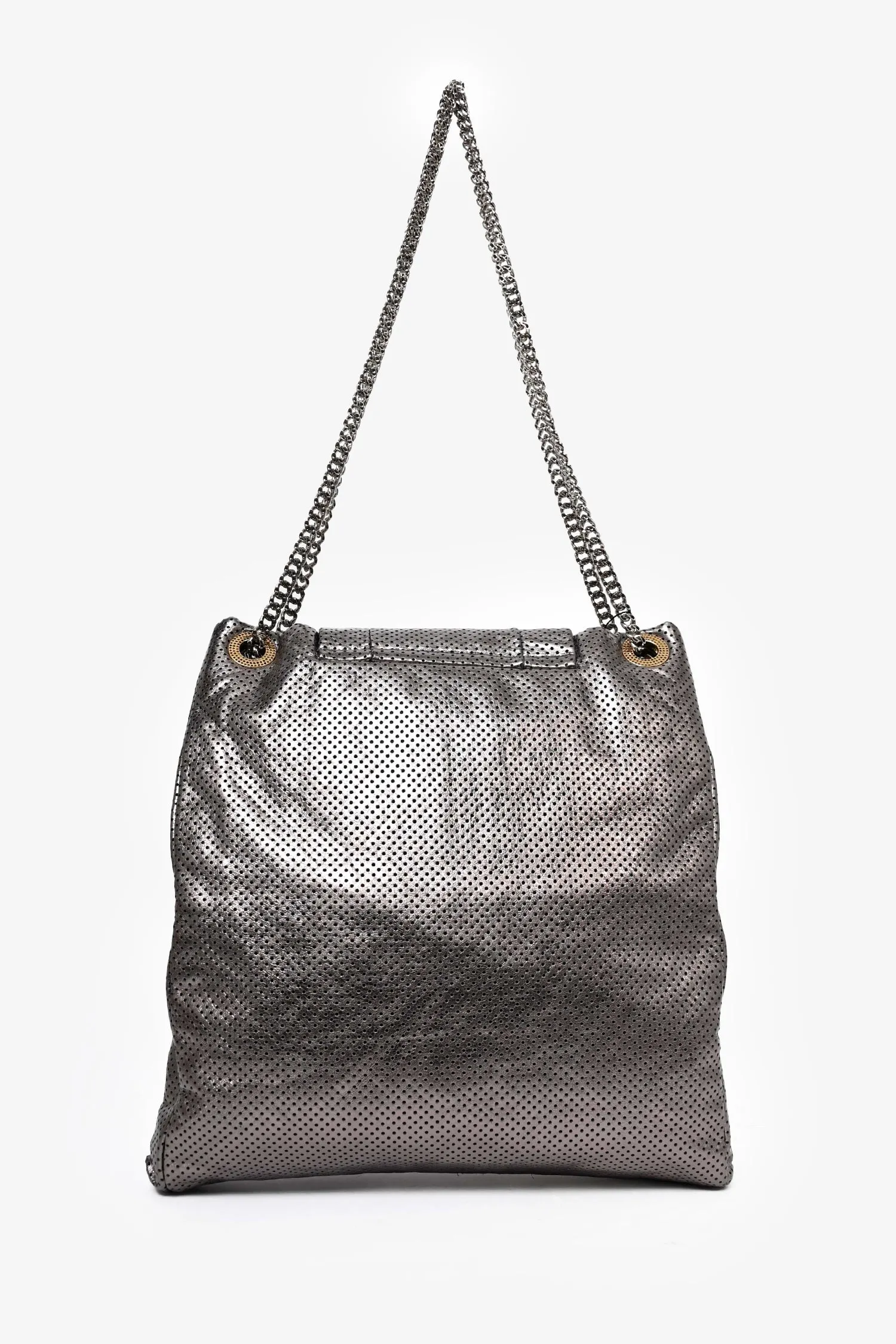 Pre-Loved Chanel™ Grey Metallic Perforated Leather 'Drill' Large Hobo Bag