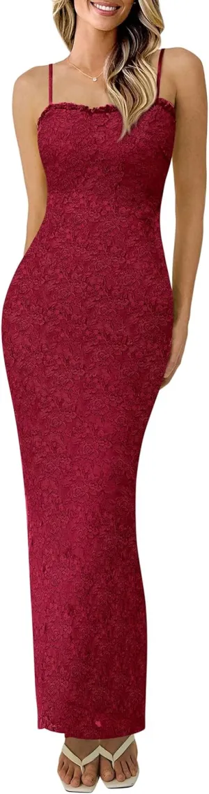 PRETTYGARDEN Women's Summer Formal Prom Dress 2025 Spaghetti Strap Lace Floral Wedding Guest Evening Bodycon Dresses