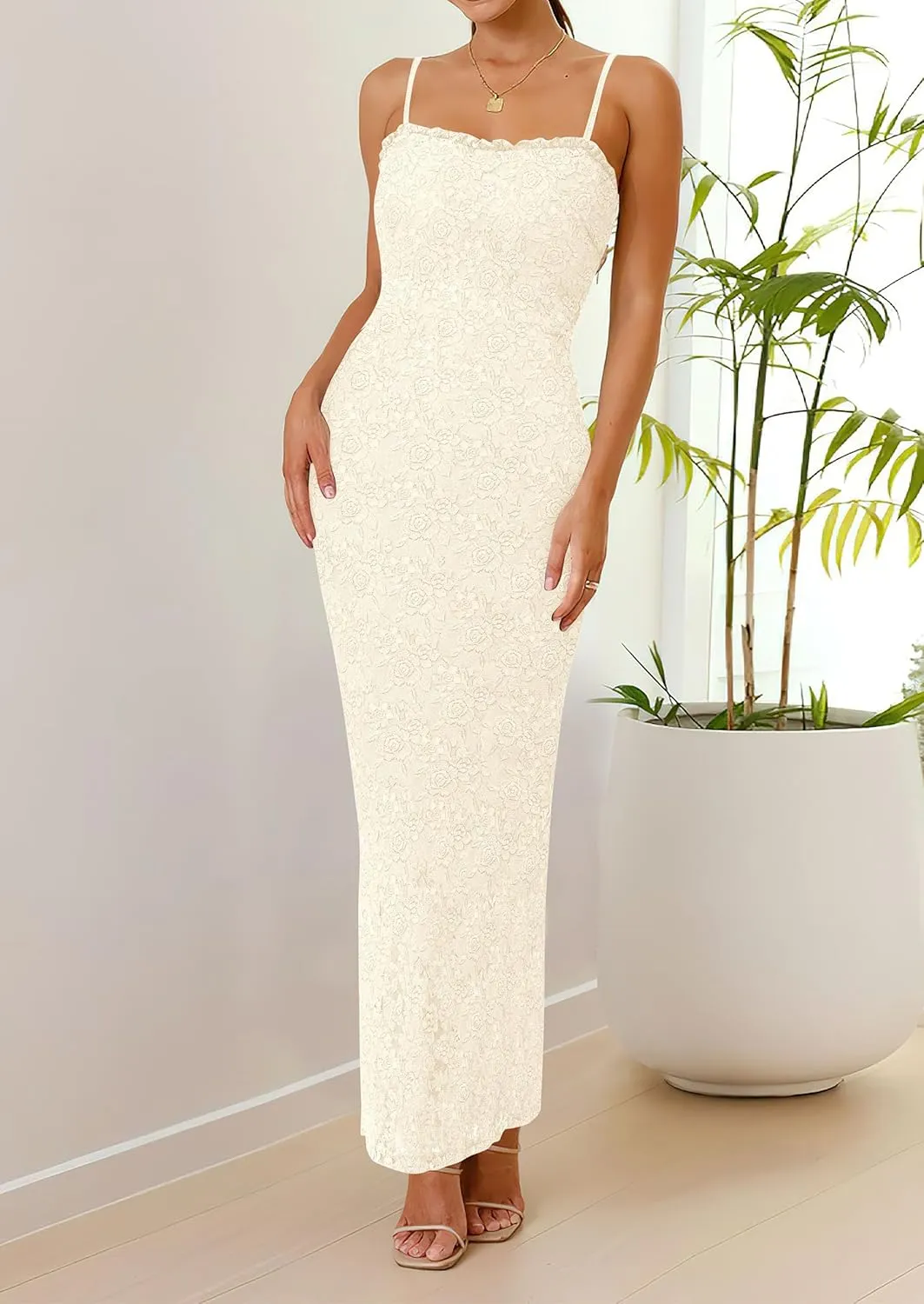 PRETTYGARDEN Women's Summer Formal Prom Dress 2025 Spaghetti Strap Lace Floral Wedding Guest Evening Bodycon Dresses