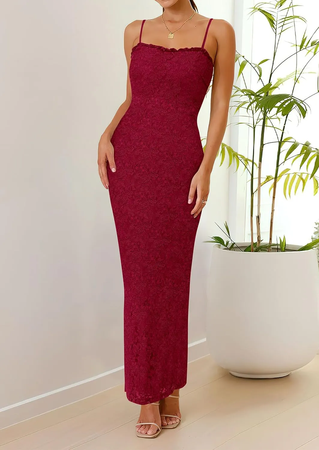 PRETTYGARDEN Women's Summer Formal Prom Dress 2025 Spaghetti Strap Lace Floral Wedding Guest Evening Bodycon Dresses