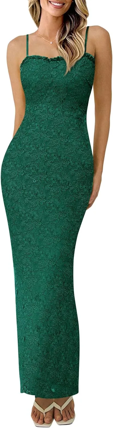 PRETTYGARDEN Women's Summer Formal Prom Dress 2025 Spaghetti Strap Lace Floral Wedding Guest Evening Bodycon Dresses