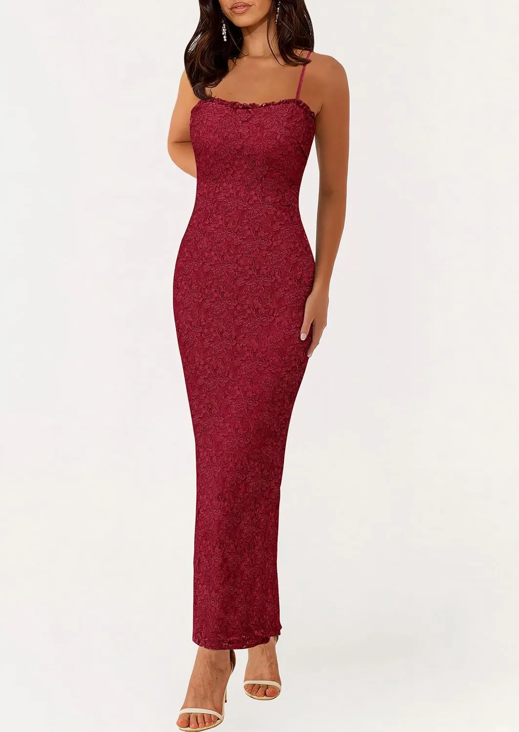 PRETTYGARDEN Women's Summer Formal Prom Dress 2025 Spaghetti Strap Lace Floral Wedding Guest Evening Bodycon Dresses