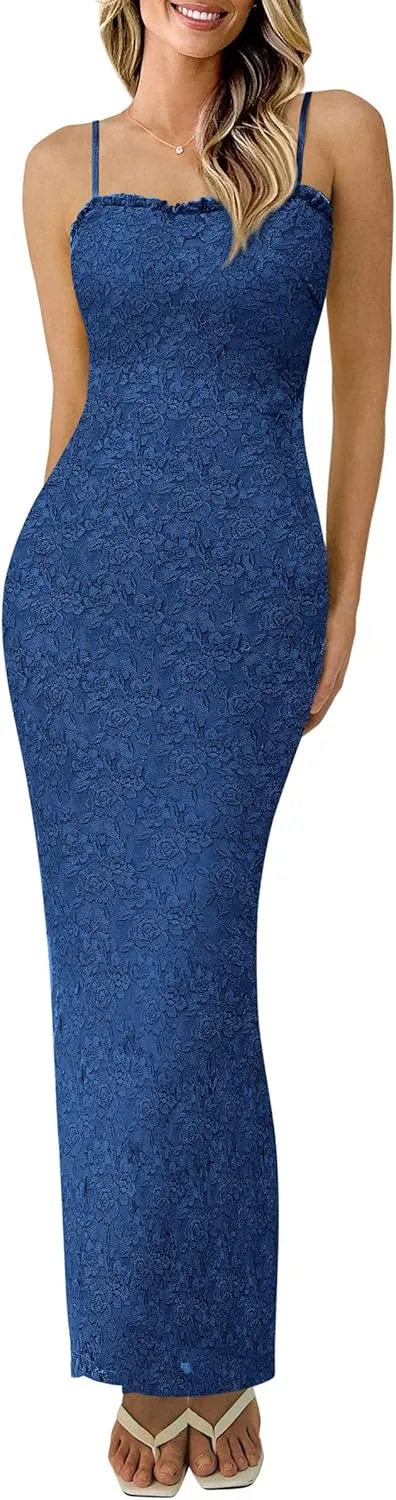 PRETTYGARDEN Women's Summer Formal Prom Dress 2025 Spaghetti Strap Lace Floral Wedding Guest Evening Bodycon Dresses