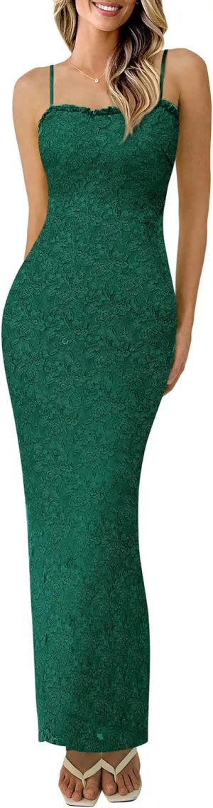 PRETTYGARDEN Women's Summer Formal Prom Dress 2025 Spaghetti Strap Lace Floral Wedding Guest Evening Bodycon Dresses