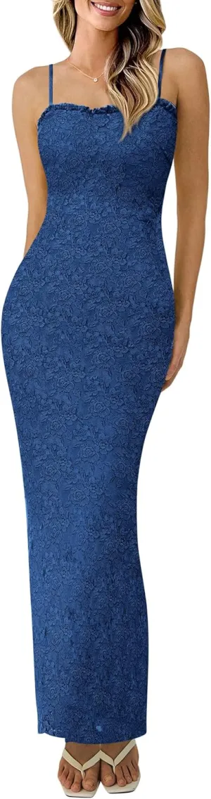 PRETTYGARDEN Women's Summer Formal Prom Dress 2025 Spaghetti Strap Lace Floral Wedding Guest Evening Bodycon Dresses