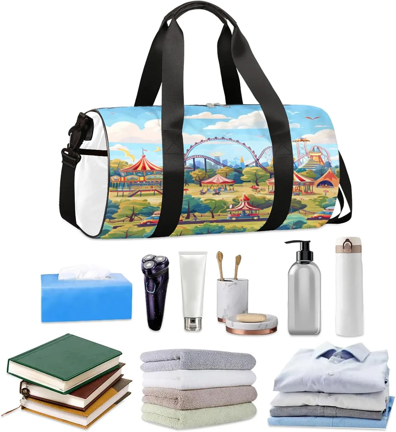 Printed Amusement Park Sports Gym Bag for Men Women Lightweight Travel Duffle Bag with Shoulder Strap Waterproof Carry On Weekender Overnight Bag for Travel Sports Gym